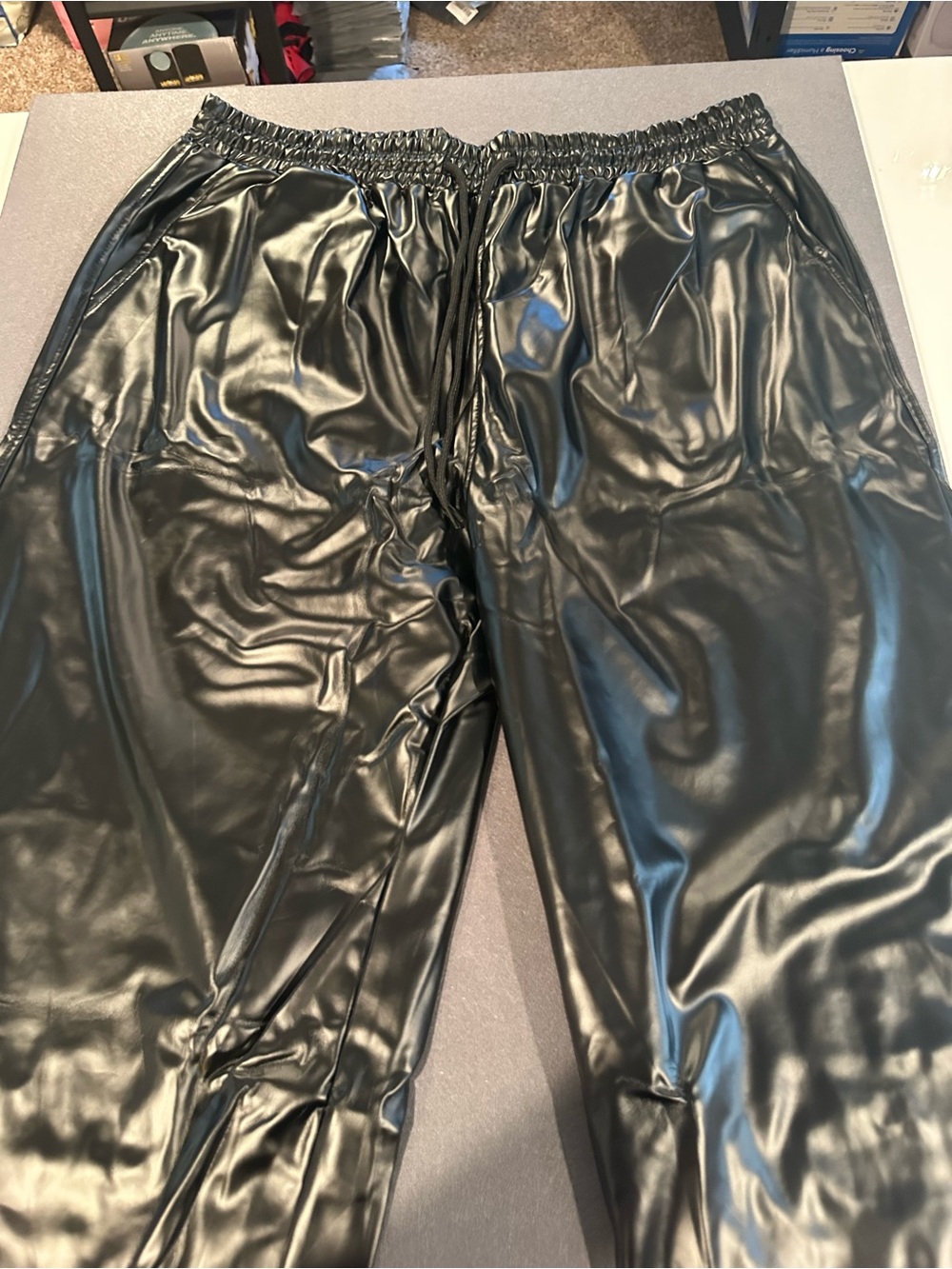 Black Faux Leather Pants- Wide Leg w/ Drawstring